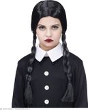 Finidi Pruik schoolmeisje met vlechten kind zwart lang polyester