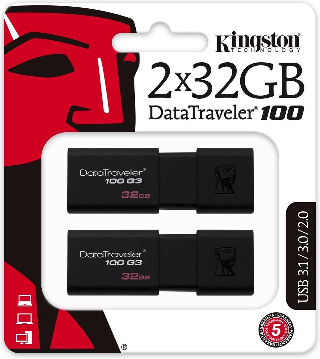 Kingston DataTraveler 100 G3 - USB-stick - 32 GB - Zwart - 2 stuks