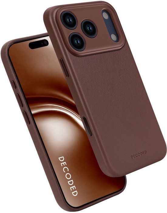 DECODED Leren Hoesje voor iPhone 17 Pro Max - Premium ECCO Leer - Geschikt voor MagSafe - 1,2 Meter Valbescherming - Camerabescherming - Krasbestendig - Metalen Knoppen - Bruin