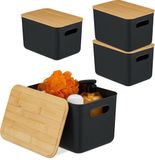 Merkloos Relaxdays Set van 4 kunststof opbergdozen met deksel, bamboe, met handgrepen, 16 x 26 x 17,5 cm, zwart