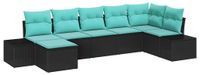 vidaXL Tuinbank Set 7-delig Zwart en Turquoise Poly Rattan