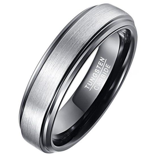 Mendes Jewelry Wolfraam heren ring smal model Zwart Zilverkleurig 6mm-18mm