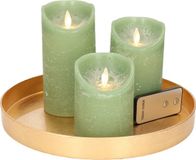 Plateau à bougies rond sans marque doré en plastique D27 cm avec 3 bougies LED vert jade 10/12,5/15 cm - Décoration de table