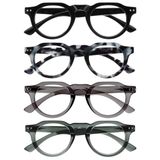 OPULIZE RIO - 4-Pack - Blauwlichtfilter Leesbril - Plat Bovenstuk - Zwart, Blauw Schildpadpatroon, Groen, Grijs - Heren & Dames - BBBB53-1367- +1.50