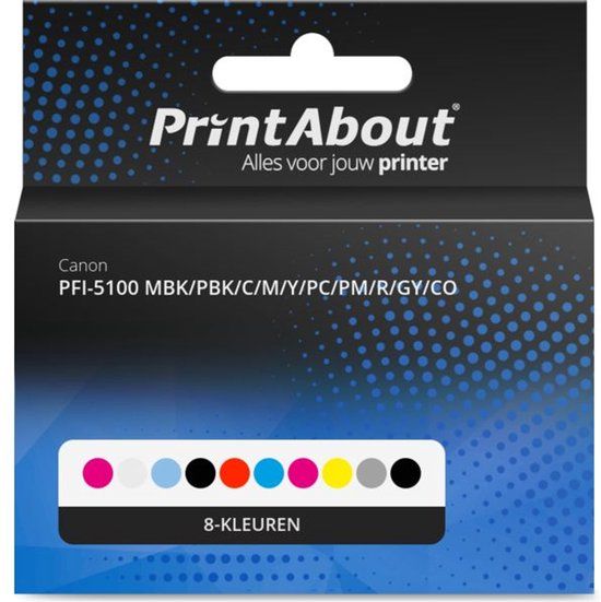 PrintAbout 8-kleuren Multipack Inktcartridge PFI-5100 MBK/PBK/C/M/Y/PC/PM/R/GY/CO Geschikt voor Canon