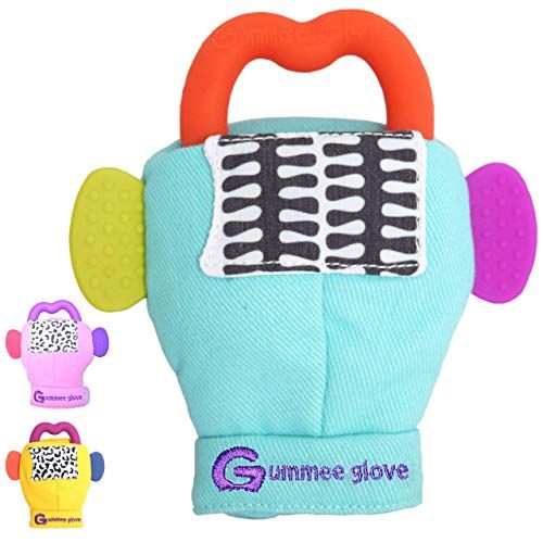 Gummee Glove Gummee handschoen Baby Teething Wanten voor baby's 3m+ met afneembare Teether Ring Speelgoed en Reistas Safe Premium Kwaliteit 100% Katoen - Niet afneembaar - Kalmeren Babies Pijnlijke Gums Natuurlijk Multi-Award