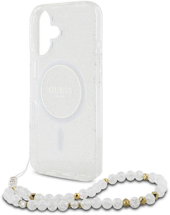 Guess IML Glitter Beads iPhone 16 hoesje met polskoord en MagSafe - Transparant