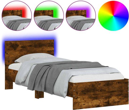 vidaXL Bedframe met hoofdbord en LED gerookt eikenkleurig 90x200 cm