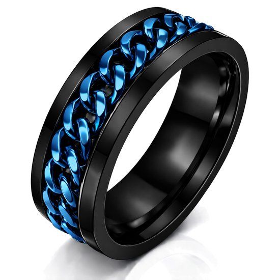 LGT JWLS Lookinggoodtoday Stalen herenring met Cubaanse ketting Zwart Blauw-21.5mm