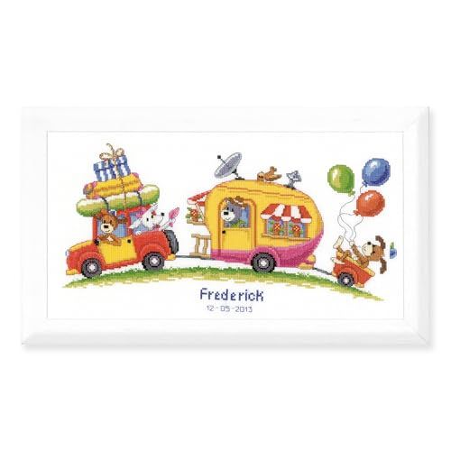 VERVACO Kruissteek Borduurpakket Geboorte Baby VAKANTIEREIS Handwerkpakket voor Wanddecoratie 40 x 21 cm Borduurwerk met Telpatroon DIY Kit Babykamer Decoratie Cadeau Knutselen Voor Volwassenen