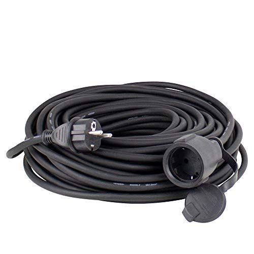 AS-Schwabe Gummi-Verlängerungsleitung, 15m H05RR-F 3G1,5 Kabel mit Schutzkontaktstecker, Schutzkontaktkupplung inkl. Schutzkappe, Verlängerungskabel 230V, 16A, IP44, Schwarz, 60315