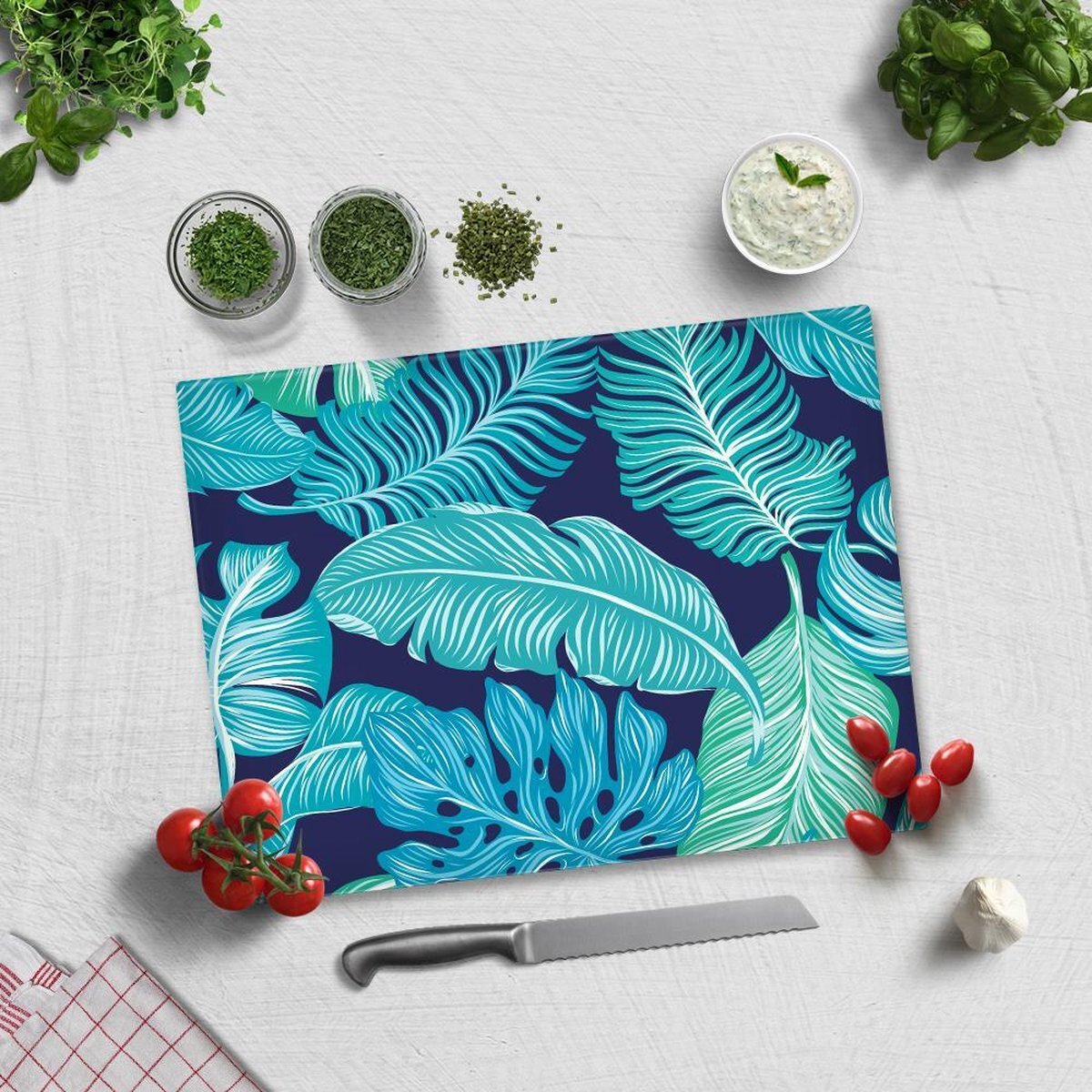 DECORITA Blauwe Tropische Bladeren Tempered Glazen Snijplank 30cm × 40cm