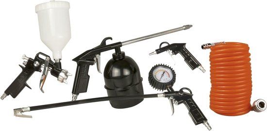 FERM ATM1036 Luchtgereedschap set - Universeel - Inclusief verfspuit, vloeistofspuit, bandenvulpomp, blaaspistool & spiraalslang