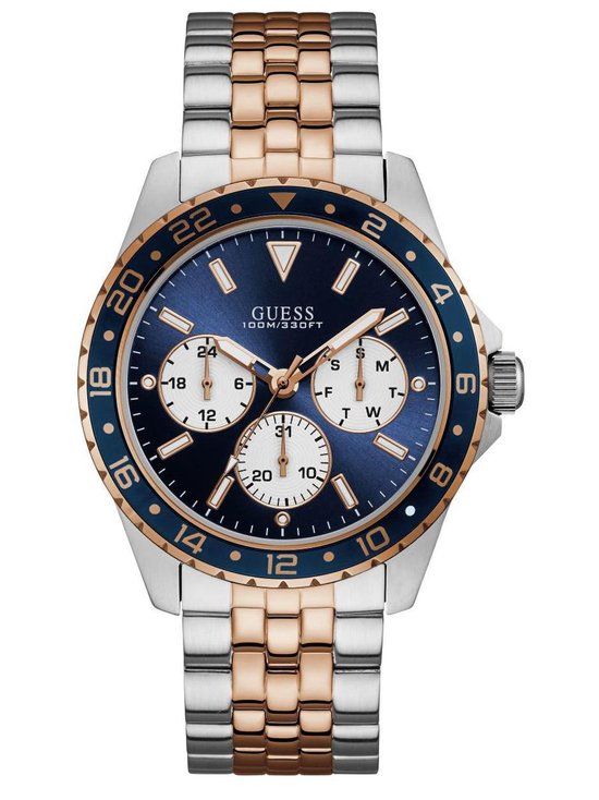 Guess ODYSSEY Heren Horloge 44 mm - Zilverkleurig - Blauwe Wijzerplaat - Stalen Band