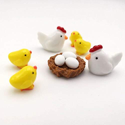 Armena Miniatuur figurenset mini dierenfiguren, kuiken, eieren, kippennest 10 stuks tuin ornamenten kip 2,5 x 2 cm kuiken 1,6 x 1,4 cm, wit geel bruin
