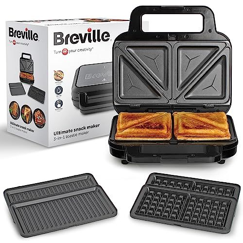 Breville 3-in-1 ultieme sandwichmaker, extra diepe platen voor sandwiches, wafels en panini's, uitneembare platen met antiaanbaklaag, zwart en roestvrij staal, EU-stekker