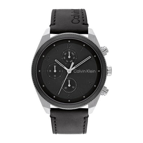 Calvin Klein Analoog multifunctioneel kwartshorloge voor heren, impactcollectie met roestvrijstalen of lederen armband, Zwart, Leer