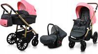 BabyLux® Poussette 3en1 – ASPERO - BLACK CORAL - Poussette pliable incl. Nacelle, Siège sport multifonctionnel pour poussette, Siège auto - Poussette combinée avec sac à langer, Housse de pluie, Moustiquaire, Porte-gobelet, etc.
