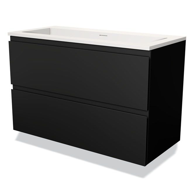 Maxaro Badkamermeubel 100cm Modulo Mat Zwart 2 Lades Greeploos Solid Surface