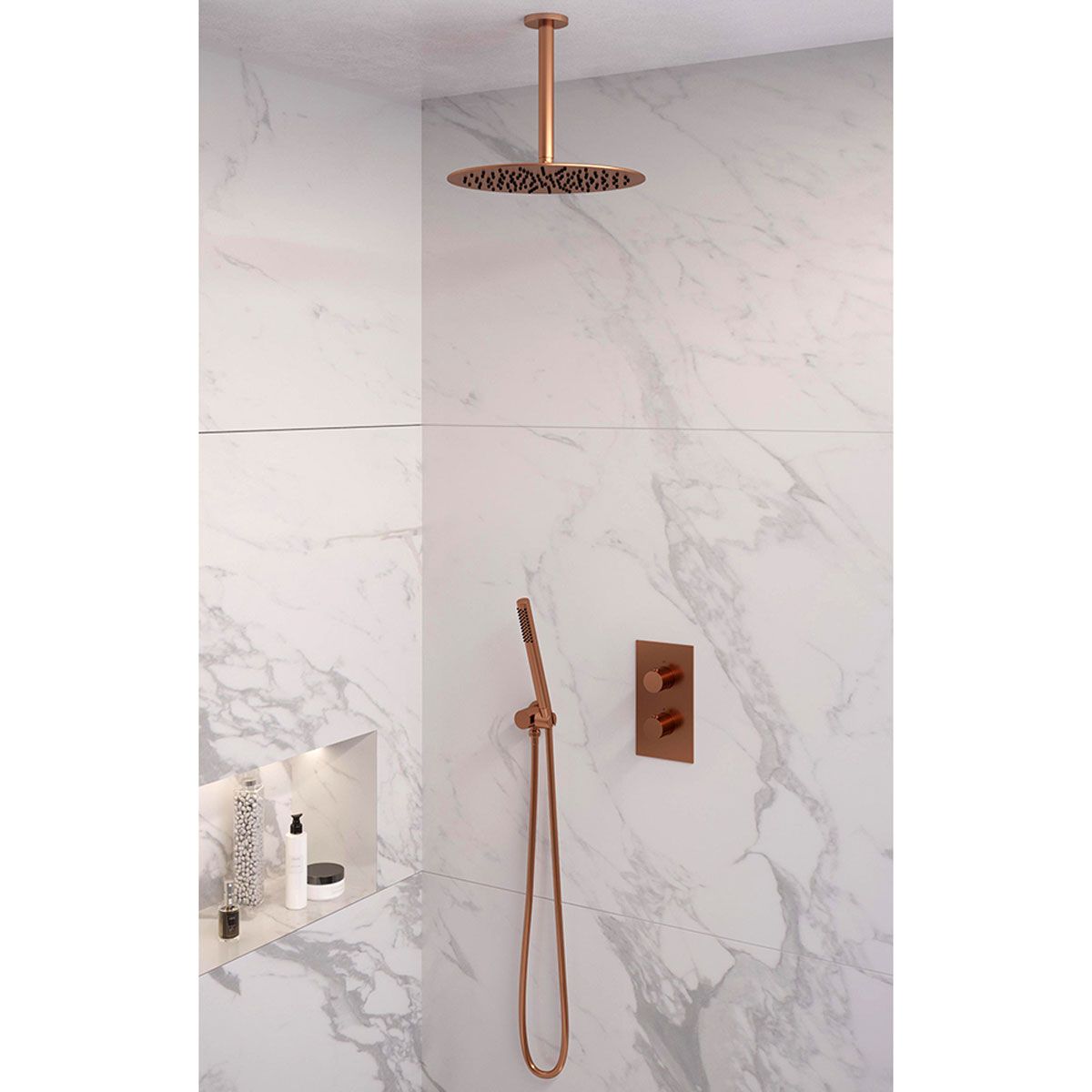 Brauer Regendoucheset 30 Inbouw Muur Copper Edition 30cm Rond Geborsteld Koper PVD 2 Greeps 3-weg met Thermostaatkraan en Staafhanddouche
