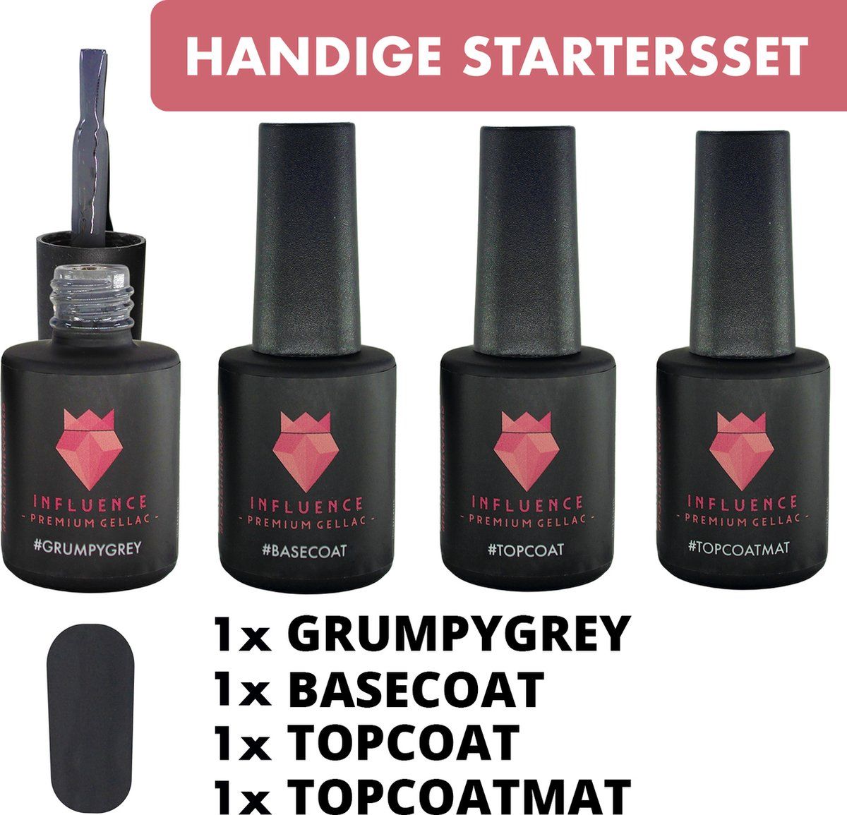 Influence - Premium Gellac #GRUMPYGREYSERIE - Influence Gellac - UV / LED Gellak - Gel nagellak - Gel lak - Kerstcadeau - Kerstkado vrouw - Basecoat - Topcoat - Topcoatmat - No wipe - Grijs / Transparant - Startersset - 4 x 10 ml