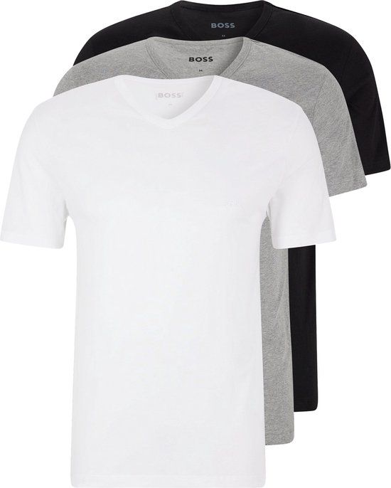 HUGO BOSS Men's 3-Pack Regular Fit V-Neck T-Shirts - White/Grey/Black - Size L