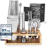 VINENCO Cocktailshaker Set Boston met Houten + Recepten Boek: 13 Delig RVS Staal Premium Barkeeper Kit