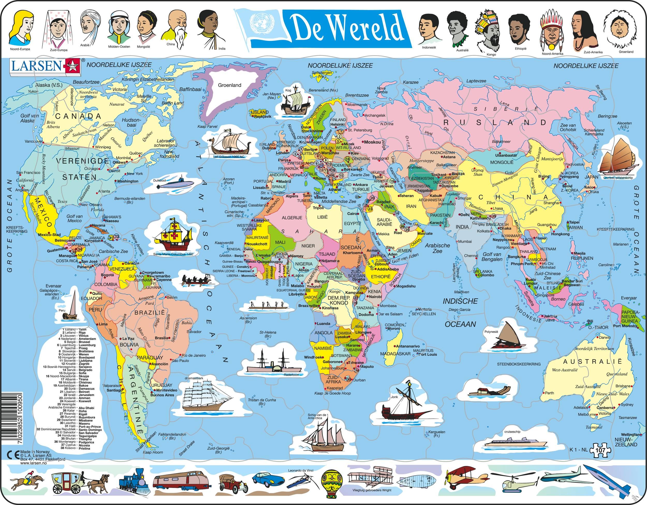Larsen Maxi Kaart Wereld - 107 stukjes Puzzel - 3+ jaar