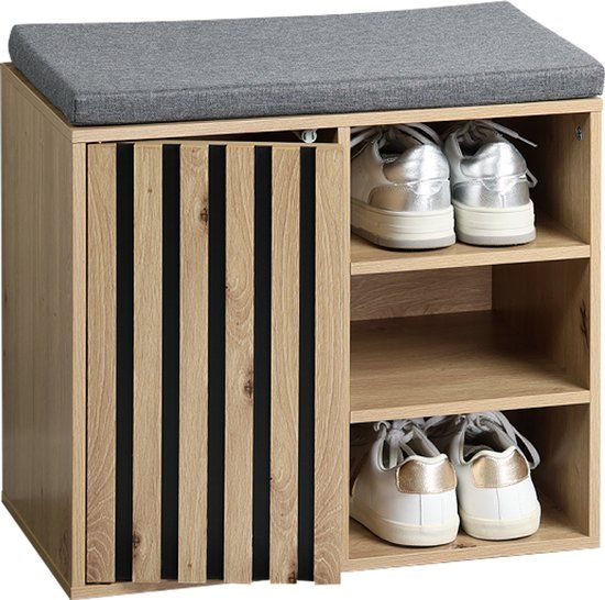 Kesper Schoenenkast eikenlook met grijze zitkussen klein - 51,5 x 29,5 x 48 cm
