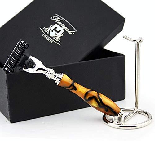 Haryali London Scheerset - Triple Edge Premium Razor & RVS Standaard - Speciale Amber Edition - Nieuwe Luxe Handvat