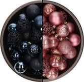 Bellatio Decorations Kerstballen mix - 74-delig - velvet roze en donkerblauw - 6 cm - kunststof