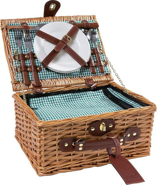 Groente Handgemaakte picknickmand voor 2 personen met koelvak, multifunctioneel mes, roestvrijstalen bestek, porseleinen borden en wijnglazen