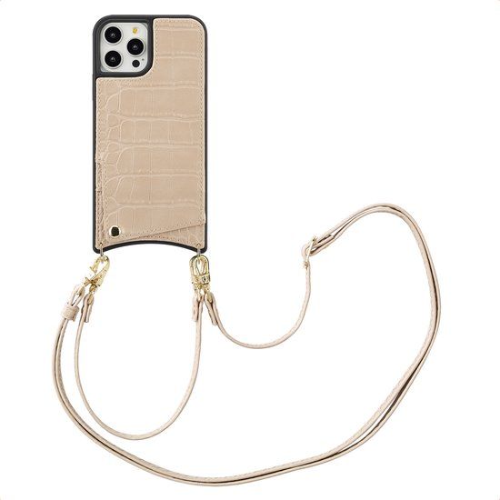 Selencia Hoesje - Geschikt voor Apple iPhone 12 Pro / 12 - Croco Backcover met koord en pashouder - Beige