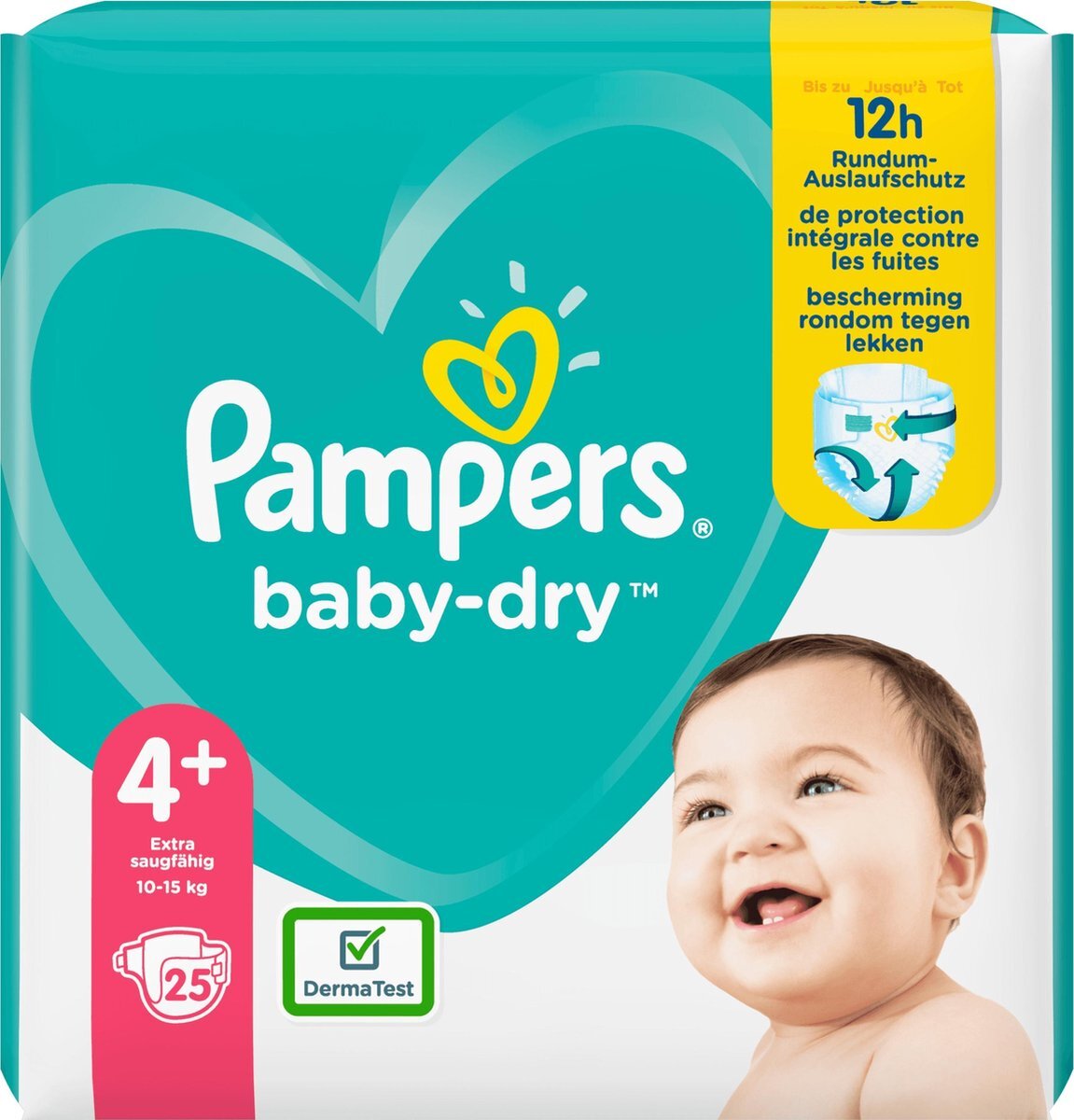 Pampers Baby-Dry Maat 4+, 25 Luiers, Tot 12 Uur Bescherming, 10-15kg wit