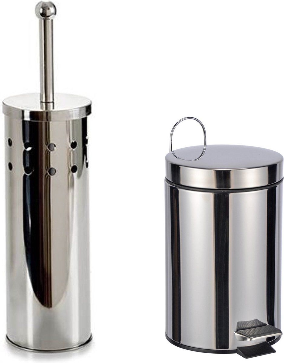 Hi - Toiletborstelhouder met pedaalemmer 3 liter zilver rvs 38 cm