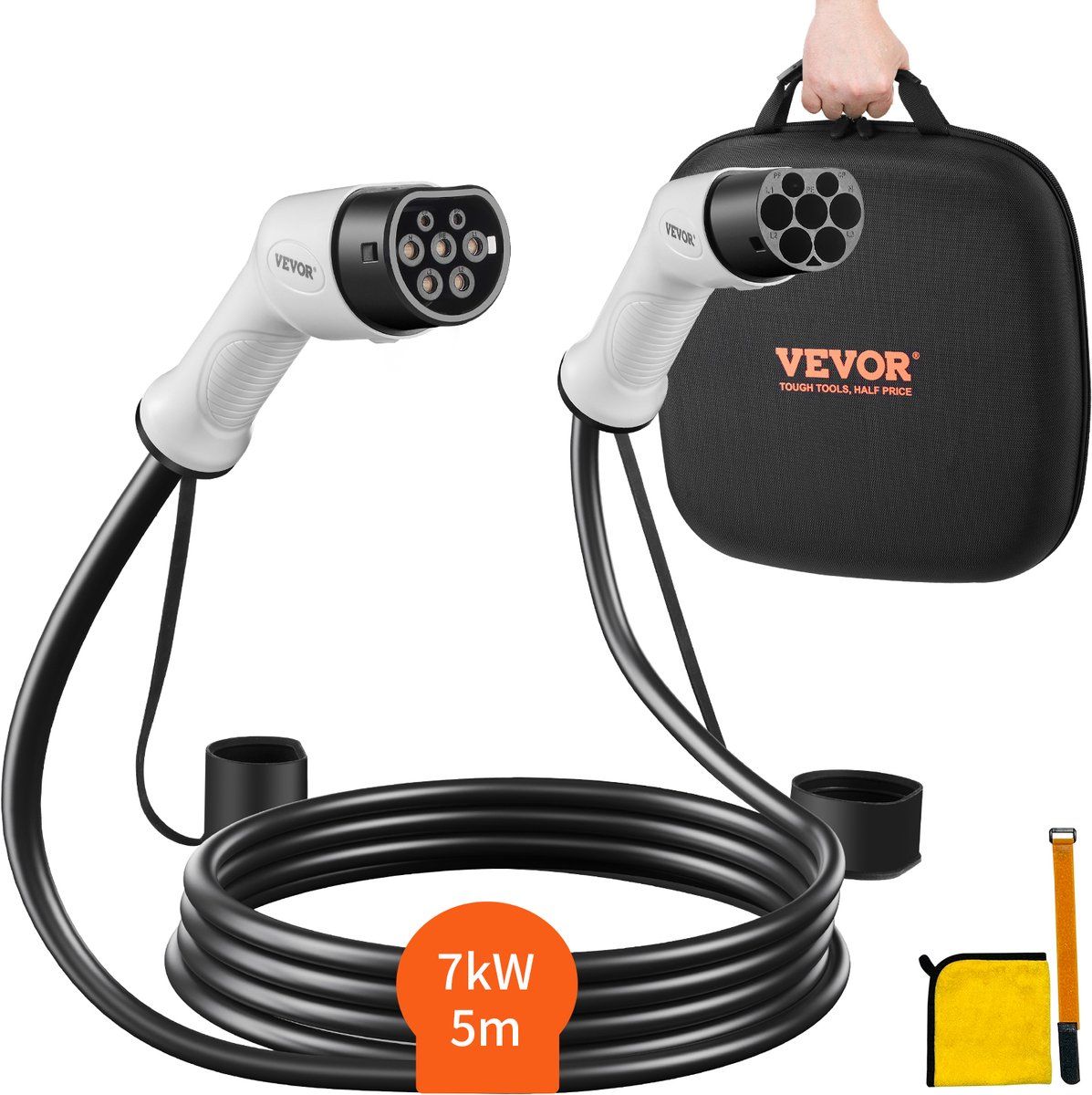 VEVOR EV-oplaadkabel type 2 naar type 2, eenfasig, elektrisch voertuig, 32 A, 7 kW, 5 m, IP66, waterdicht, met draagtas voor IEC62196 elektrisch voertuig, hybride, oplaadbaar, CE, TÜV