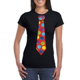 Bellatio Decorations Foute Kerst t-shirt stropdas met kerstballen print zwart voor dames S