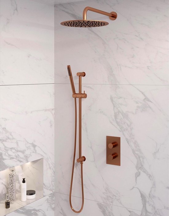 Brauer Regendoucheset 40 Inbouw Muur Copper Edition 30cm Rond Geborsteld Koper PVD 2 Greeps 3-weg met Thermostaatkraan Glijstang en Staafhanddouche