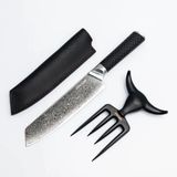 Steak Champ Black Pearls Gift Box - Damast Koksmes & Vleesvork - 67 Lagen Staal - Lederen Schede