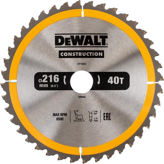 DeWalt DT1953 Construction Cirkelzaagblad - 216 x 30 x 40T - Hout Met nagels