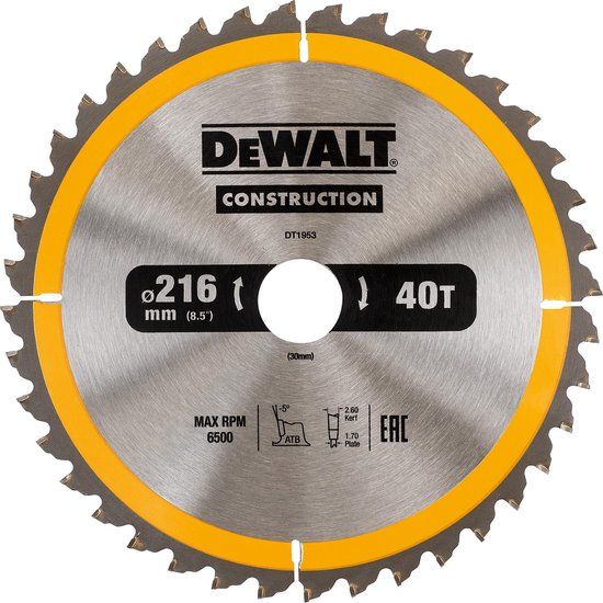 DeWalt DT1953 Construction Cirkelzaagblad - 216 x 30 x 40T - Hout (Met nagels)