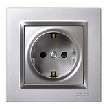 SIMON Schuko inbouwdoos, Simon 10, 250 V, 16 A, plat en dun wandstopcontact, eenvoudig te installeren, inclusief frame, deksel en mechanisme, vrouwelijk stopcontact, kleur aluminium