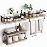 BAKAJI Set van 3 + 1 wandplanken van massief hout, multifunctionele wandplanken, houders en mand van metaal, plank voor slaapkamer, woonkamer, keuken, badkamer, boekenkast, ruimtebesparend (walnoot)