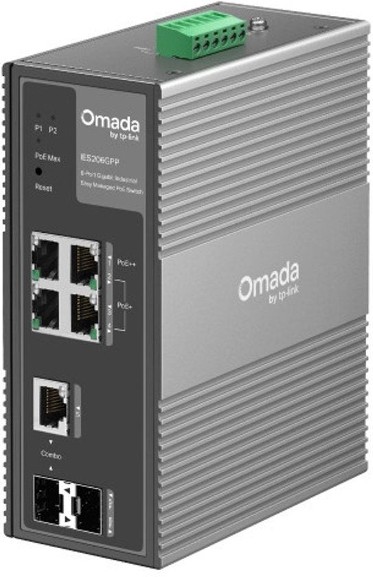 TP-Link Omada IES206GPP V1 - Switch - industrieel - Beheerd - 4 x 10/100/1000 (3 PoE+, 1 PoE++) + 1 x Gigabit SFP + 1 x combinatie Gigabit SFP/RJ-45 - monteerbaar op DIN-rails, wandbevestiging - PoE++ (120 W)