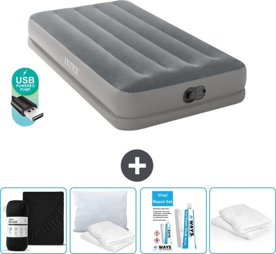 Intex Luchtbed - 1-Persoons - 99 x 191 x 30 cm - Grijs - Inclusief pomp - Hoeslaken - Kussen - Reparatieset en Kussenbeschermer