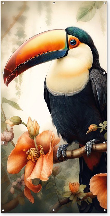 GreatGardenPosters Schuttingposter Toekan - Vogel - Bloemen - Planten - 100x200 cm - Tuindoek