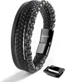 SERASAR Leren armband voor heren met dubbele roestvrijstalen en magnetische sluiting | Zwart | 20 cm