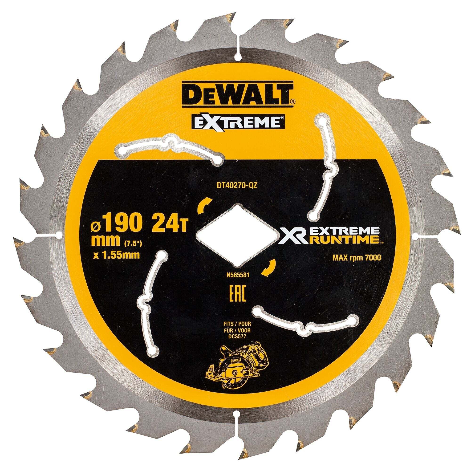 DeWALT Cirkelzaagblad voor Hout | Extreme Runtime | Ø 190mm Asgat Ruit 24T - DT40270-QZ