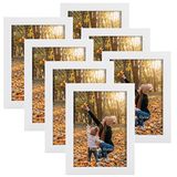 EXYGLO Set van 7 fotolijsten 13 x 18 cm met witte houtnerf, witte fotolijst, collageset met echt glas, wand- of tafelstandaard