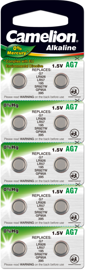 Camelion 12051007 Alkaline Knopfzellen ohne Quecksilber AG7/LR57/LR926/395/1,5 Volt, 10er-Pack
